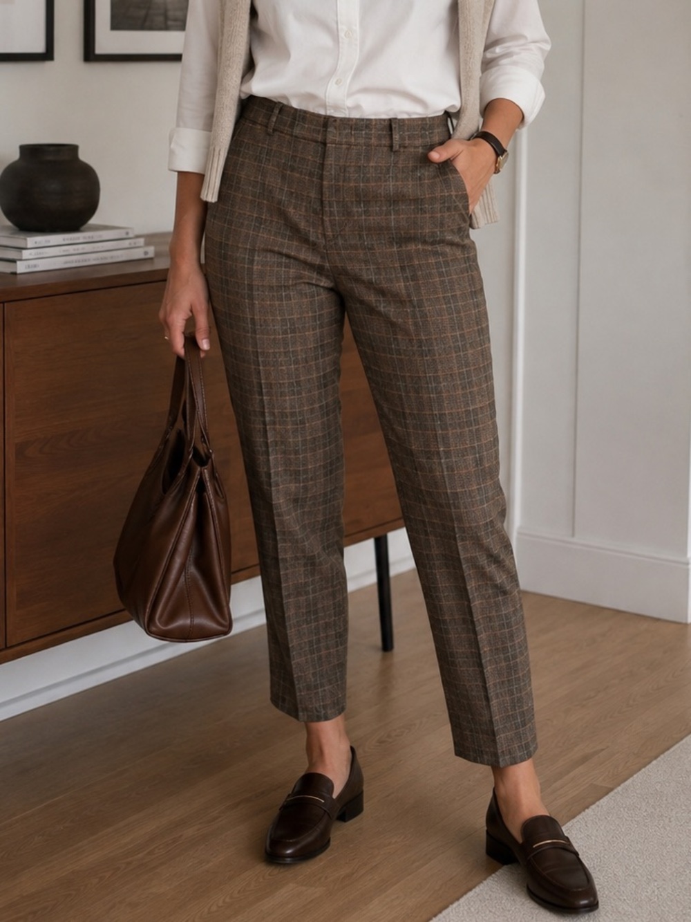 René Lezard Wool Blend Plaid Dress Pants Brown Tapered EU 46 L Corporate Preppy